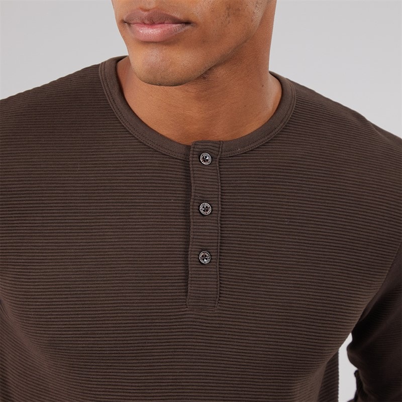 Mens Garavitob Long Sleeve Henley Top Bitter Chocolate - Image 3