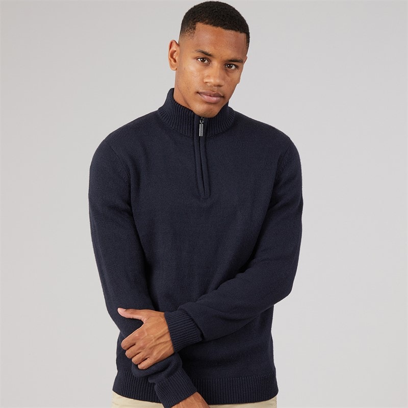 Brave Soul Mens Kester 1/4 Zip Funnel Neck Jumper Midnight Navy/Silver Grey Marl