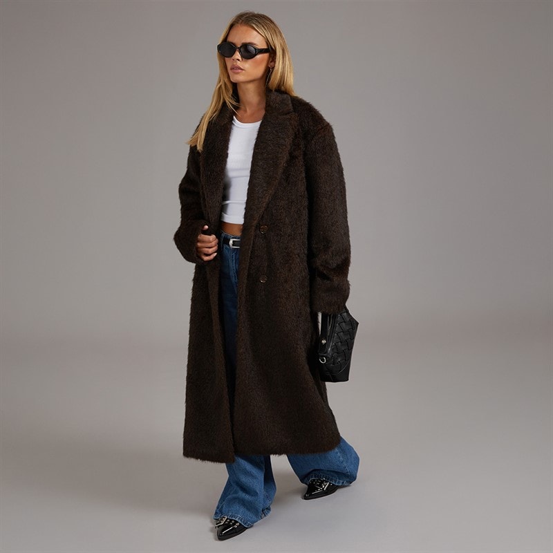 Brave Soul Womens Darle Faux Wool Coat Brown