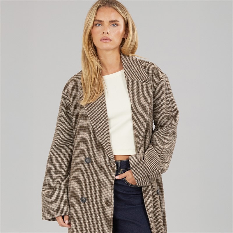 Womens Orli Faux Wool Coat Checked Brown - Image 3