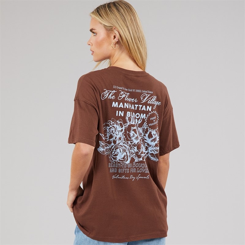 Womens Bloom Print T-Shirt Brown/Blue Body/Print - Image 3
