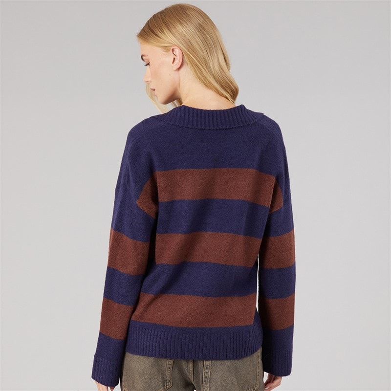 Womens Ditto Trophy Neck Jumper Navy/Brown Stripe - Image 2