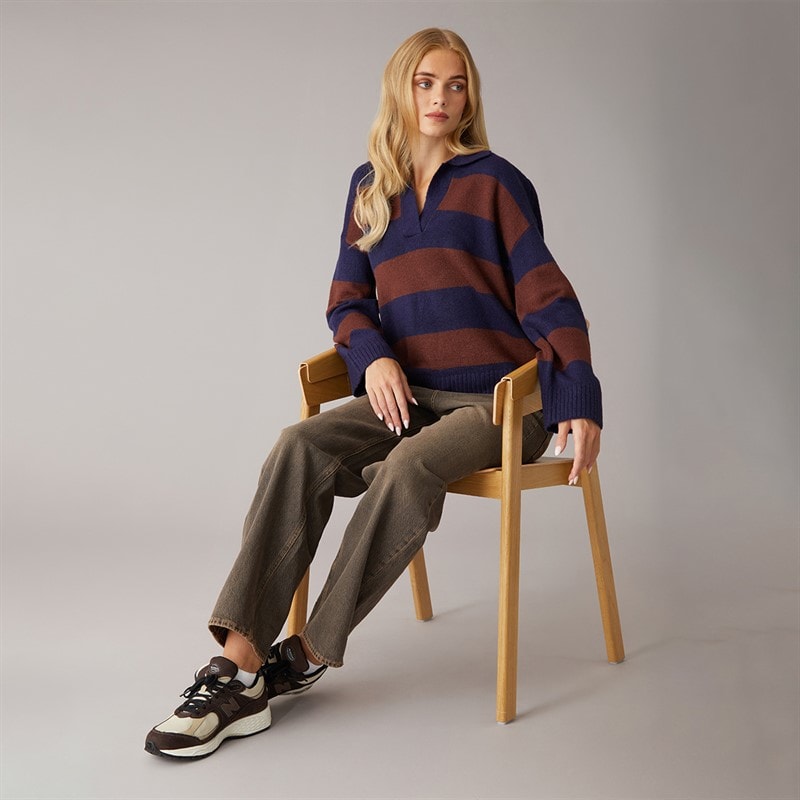 Womens Ditto Trophy Neck Jumper Navy/Brown Stripe - Image 4