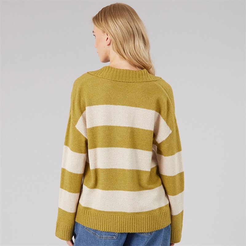 Womens Ditto Trophy Neck Jumper Olive Green/Oatmeal Stripe - Image 2