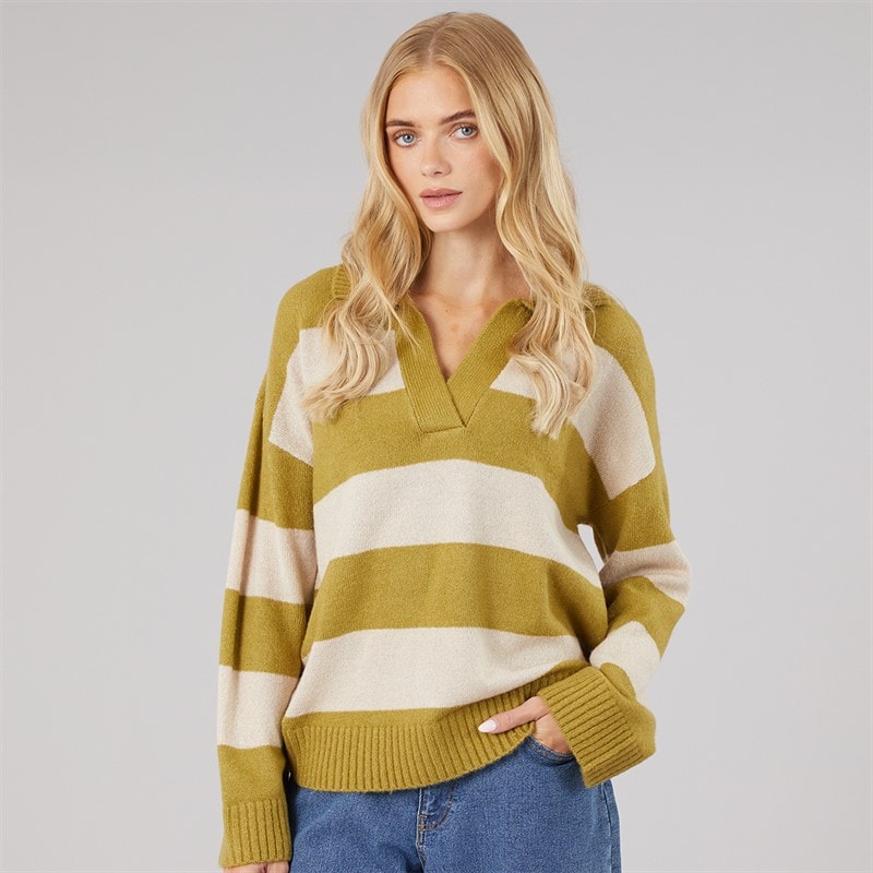 Womens Ditto Trophy Neck Jumper Olive Green/Oatmeal Stripe - Image 3