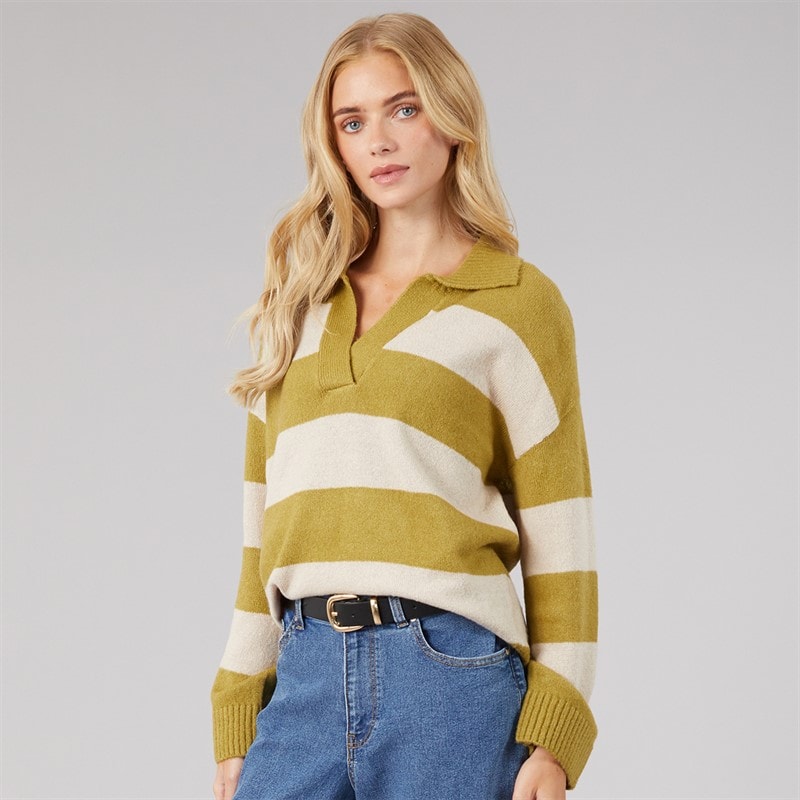 Womens Ditto Trophy Neck Jumper Olive Green/Oatmeal Stripe - Image 5