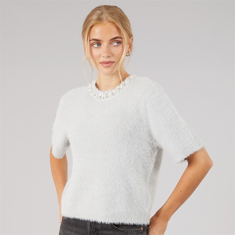 Womens Crystal Fluffy Knit T-Shirt Light Grey - Image 3