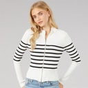 Womens Zip Through Stripe Cardigan White/Black