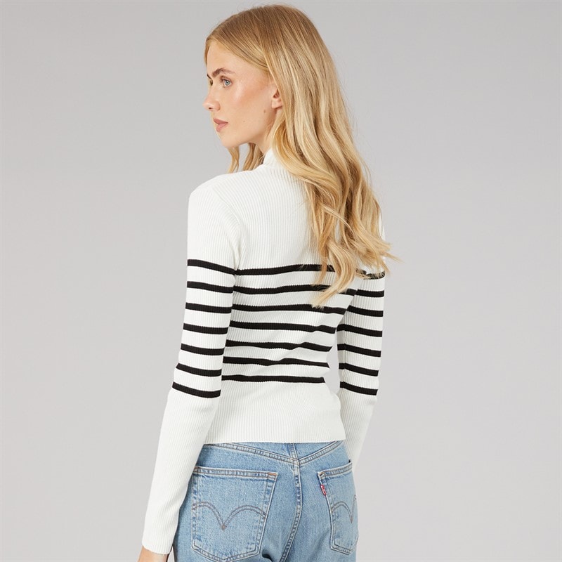 Womens Zip Through Stripe Cardigan White/Black - Image 2