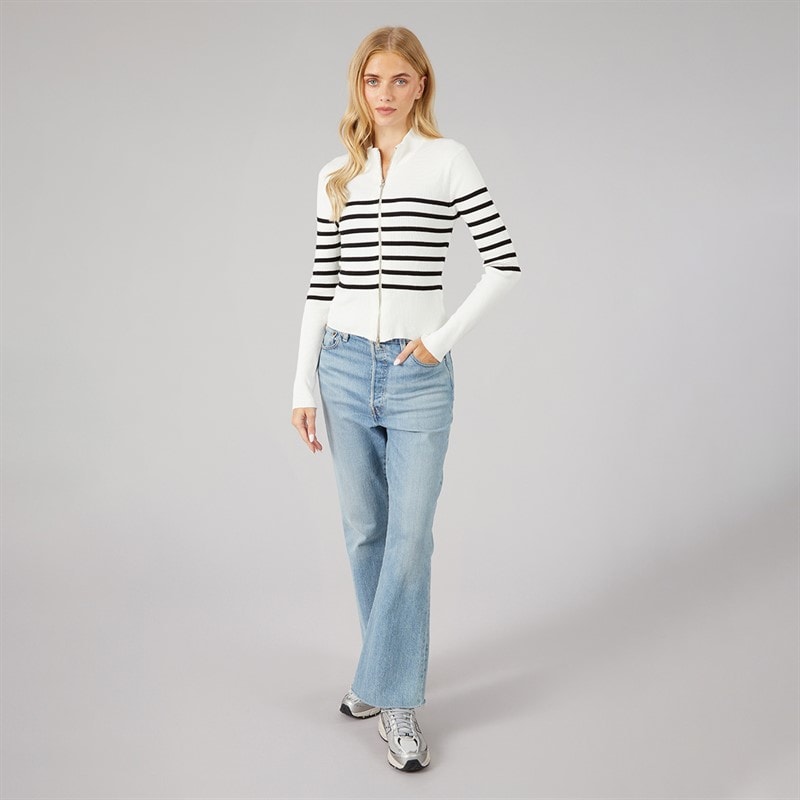 Womens Zip Through Stripe Cardigan White/Black - Image 4