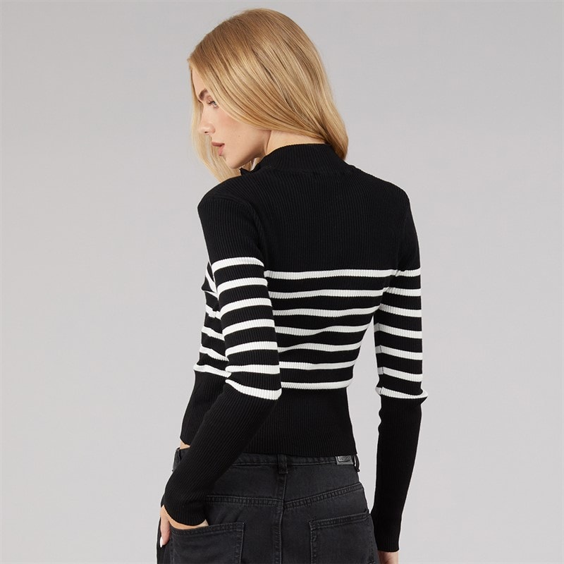 Womens Zip Through Stripe Cardigan Black/White - Image 2