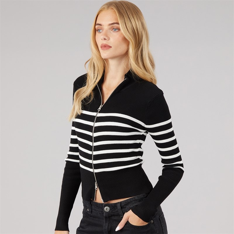 Womens Zip Through Stripe Cardigan Black/White - Image 3