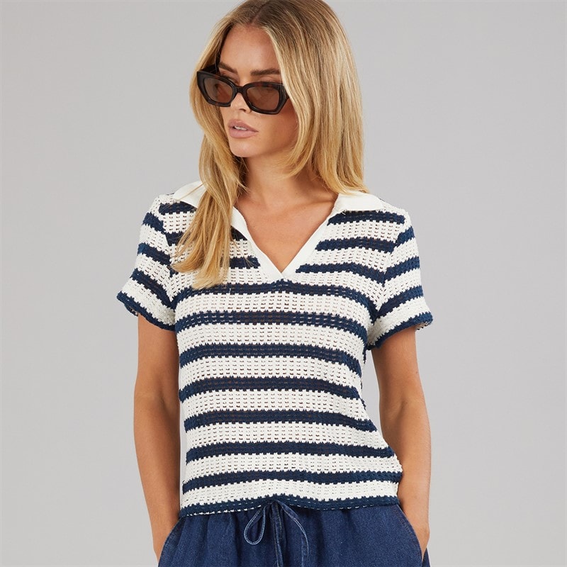 Womens Stripe Polo Shirt Cream/Navy - Image 3
