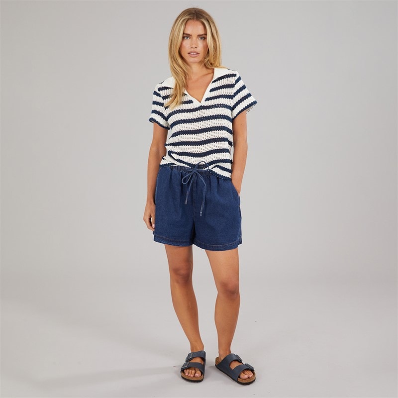 Womens Stripe Polo Shirt Cream/Navy - Image 4