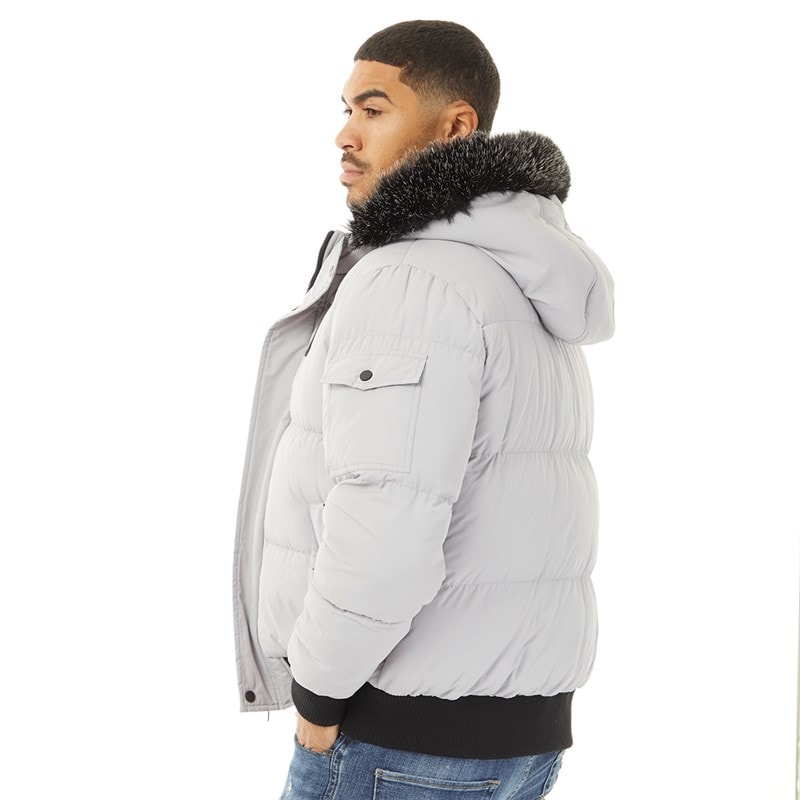 Mens Fur Hood Puffer Jacket Ice Grey - Image 2