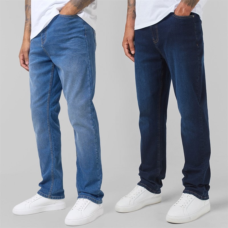 Mens Two Pack Straight Fit Denim Jeans Dark Blue Wash/Mid Blue Wash - Image 1