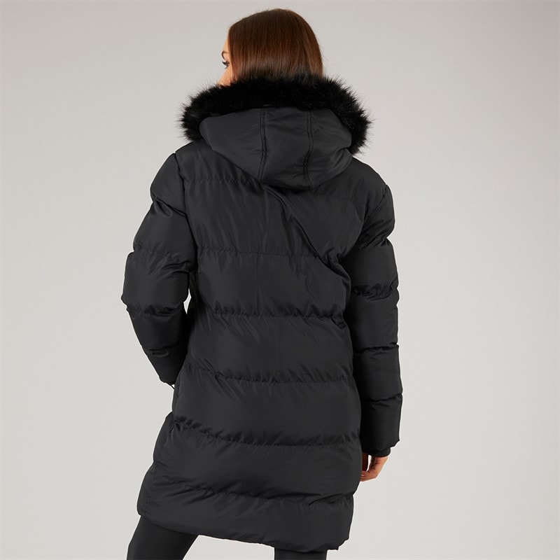 Womens Longline Faux Fur Parka With Hood Black - Image 2