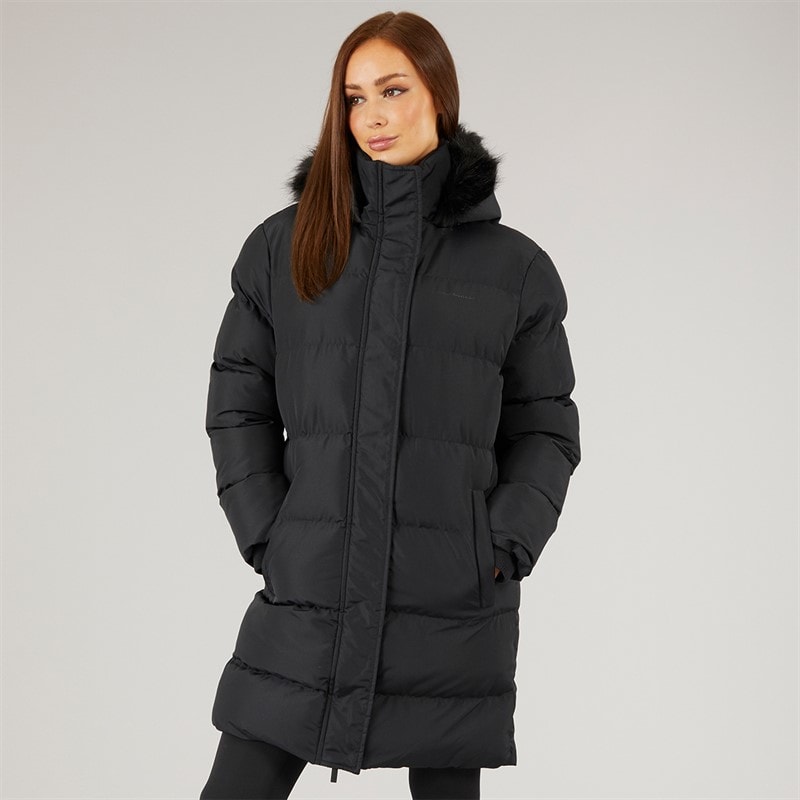 Womens Longline Faux Fur Parka With Hood Black - Image 3