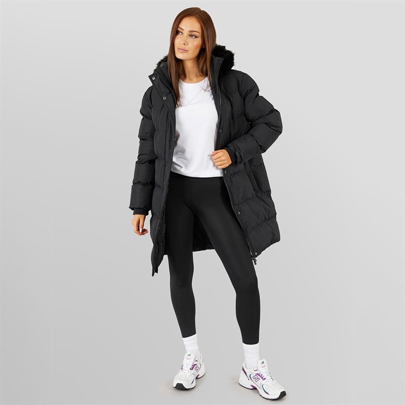 Womens Longline Faux Fur Parka With Hood Black - Image 4