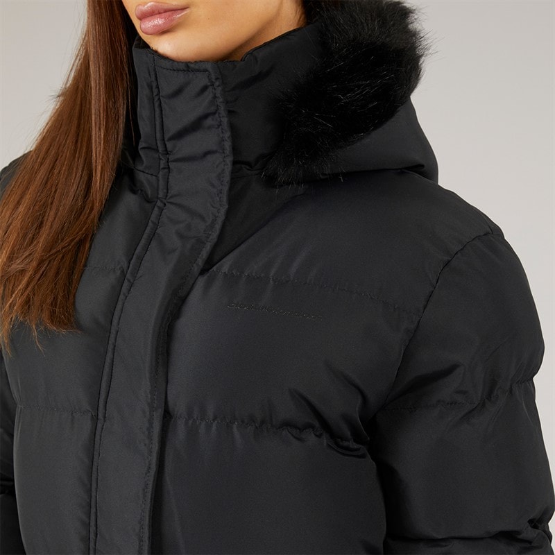Womens Longline Faux Fur Parka With Hood Black - Image 5