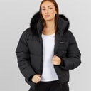 Womens Adjustable Waist Puffer With Faux Fur Hood Black
