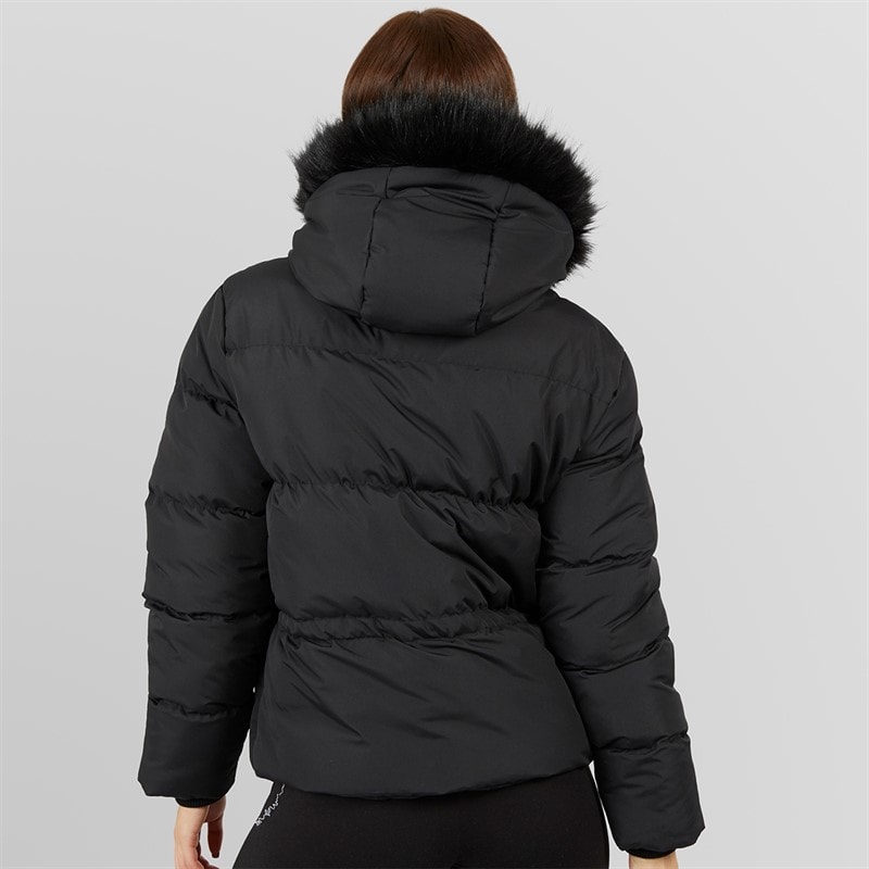 Womens Adjustable Waist Puffer With Faux Fur Hood Black - Image 2