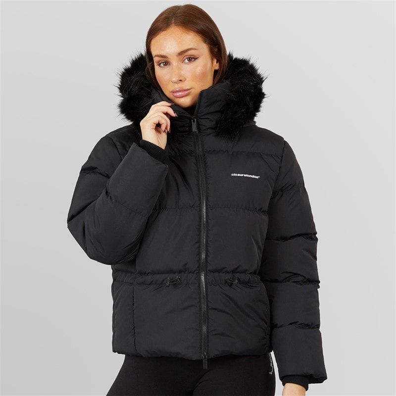 Womens Adjustable Waist Puffer With Faux Fur Hood Black - Image 3