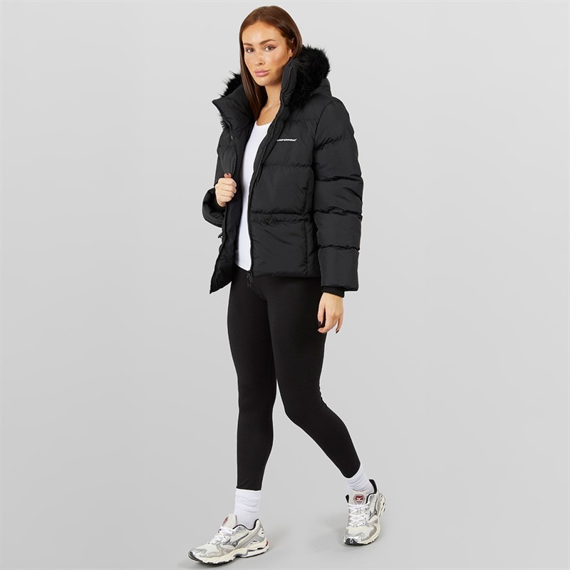 Womens Adjustable Waist Puffer With Faux Fur Hood Black - Image 4