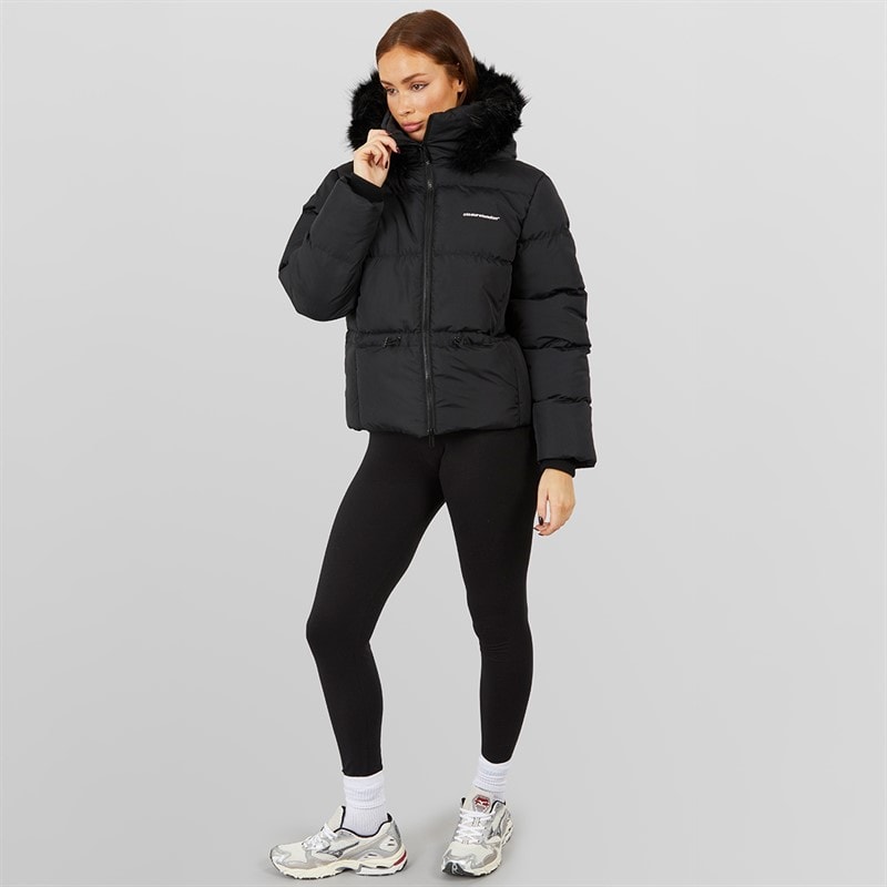 Womens Adjustable Waist Puffer With Faux Fur Hood Black - Image 5