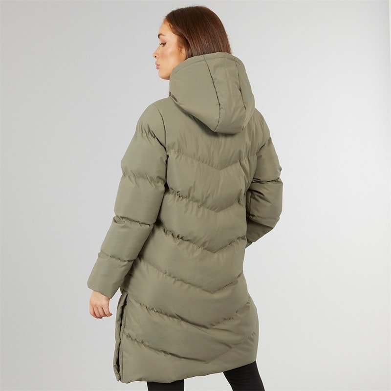 Womens Longline Split Hem Puffer Coat Olive - Image 2