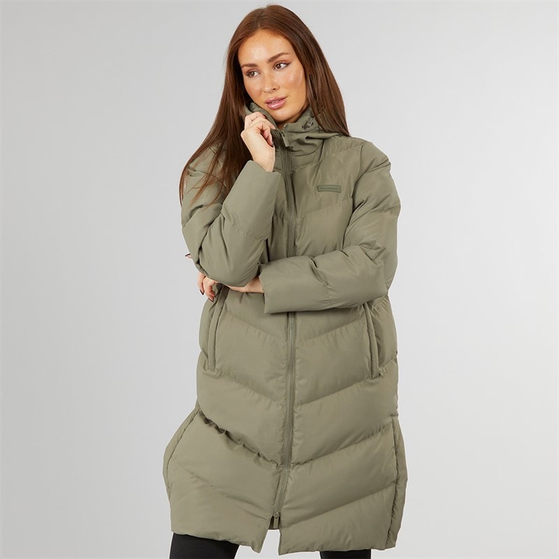 Womens Longline Split Hem Puffer Coat Olive - Image 3