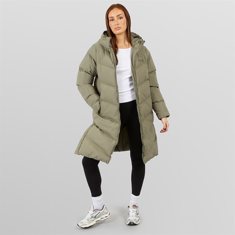 Womens Longline Split Hem Puffer Coat Olive - Image 4