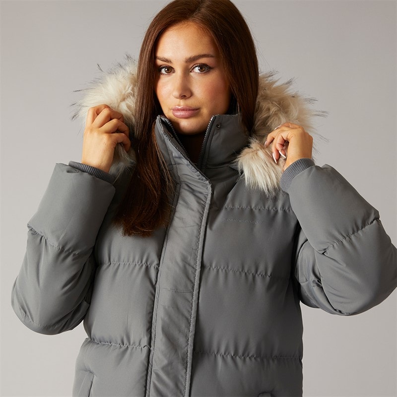 Womens Longline Faux Fur Parka With Hood Slate Grey - Image 3