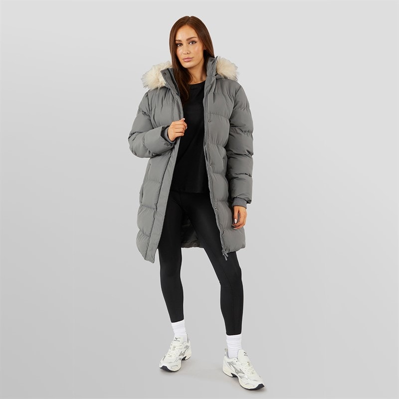 Womens Longline Faux Fur Parka With Hood Slate Grey - Image 4