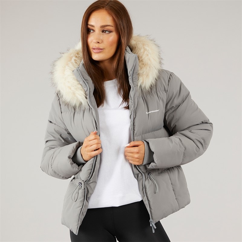 Womens Adjustable Waist Puffer With Faux Fur Hood Charcoal - Image 1