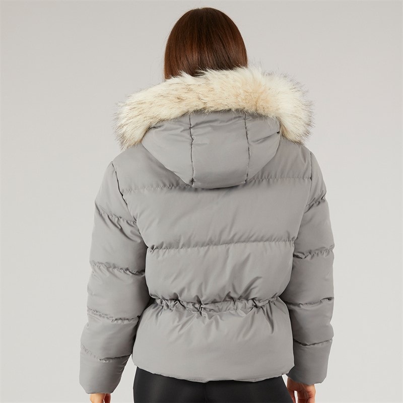 Womens Adjustable Waist Puffer With Faux Fur Hood Charcoal - Image 2