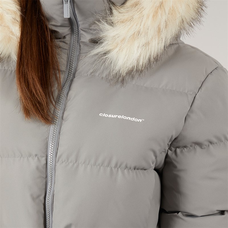Womens Adjustable Waist Puffer With Faux Fur Hood Charcoal - Image 3