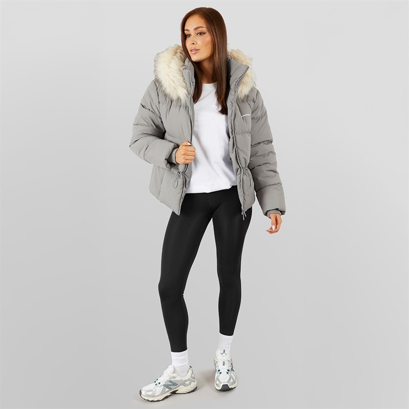 Womens Adjustable Waist Puffer With Faux Fur Hood Charcoal - Image 4