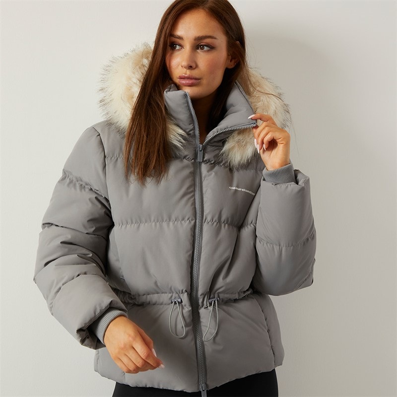 Womens Adjustable Waist Puffer With Faux Fur Hood Charcoal - Image 5