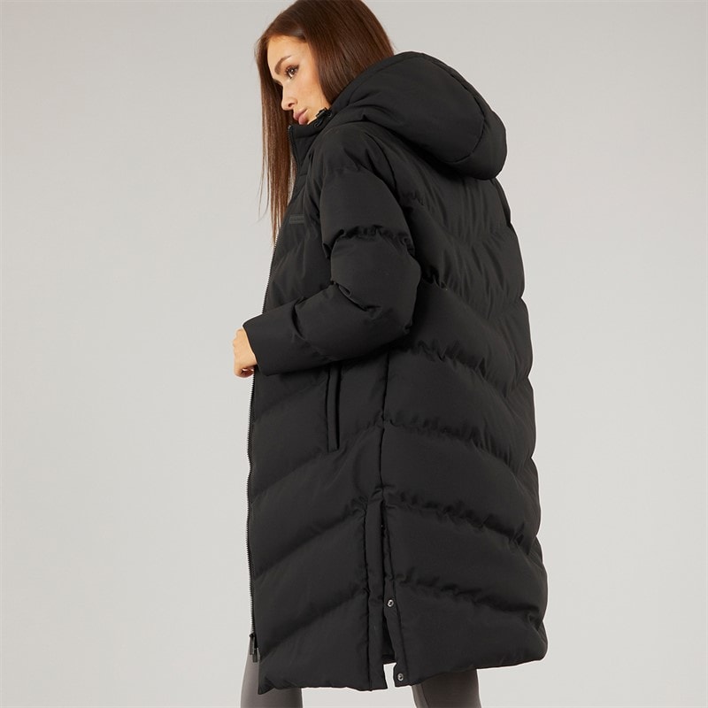 Womens Longline Split Hem Puffer Coat Black - Image 2