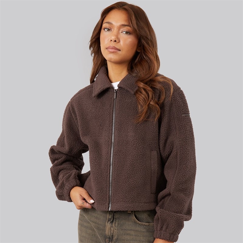 Womens Collared Borg Jacket Chocolate - Image 3