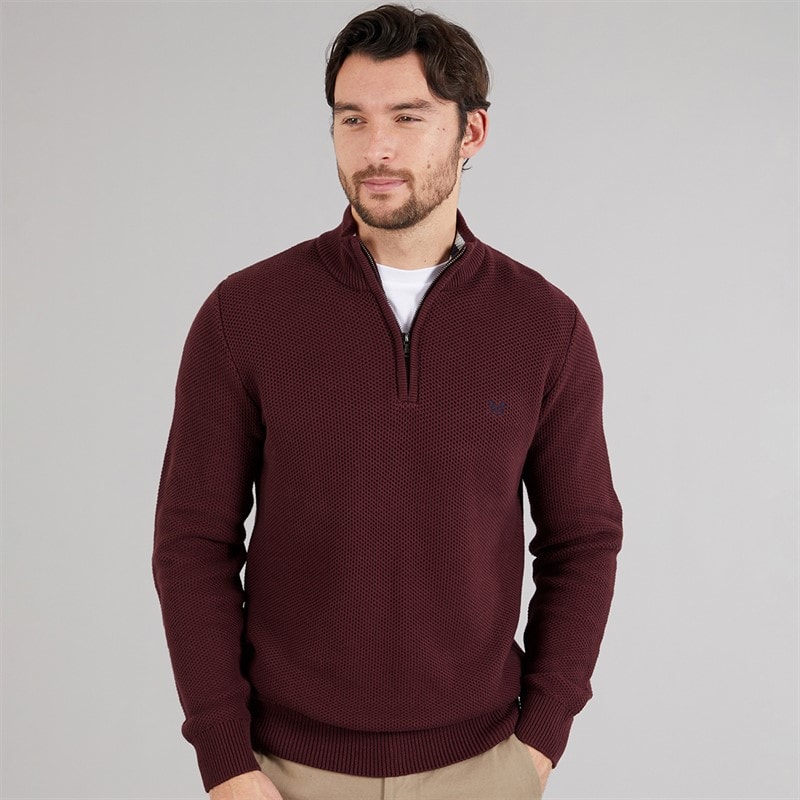 Mens Mesh Knit 1/2 Zip Waffle Jumper Burgundy - Image 1