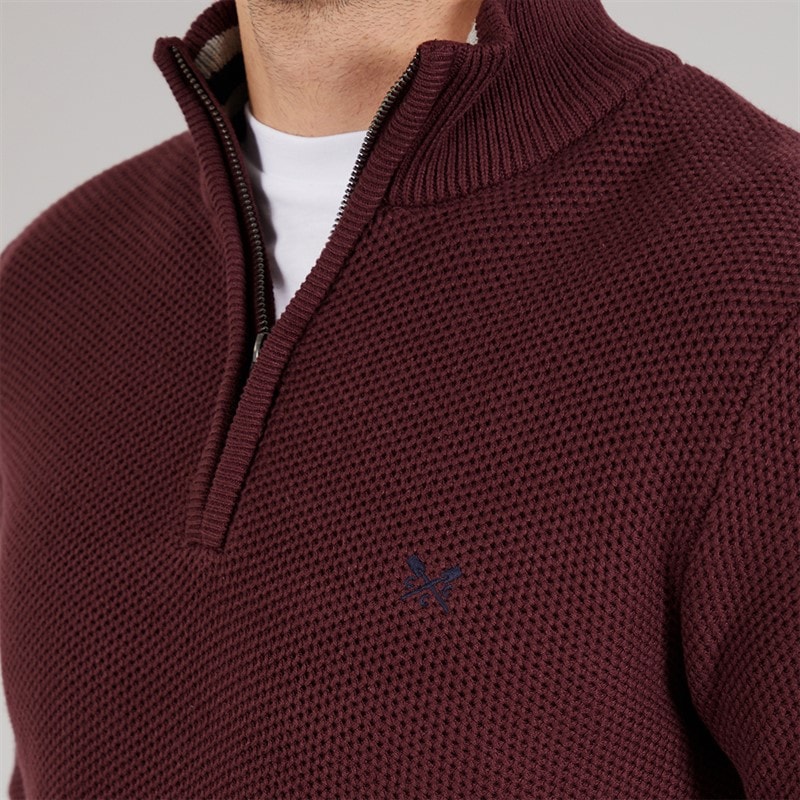 Mens Mesh Knit 1/2 Zip Waffle Jumper Burgundy - Image 3