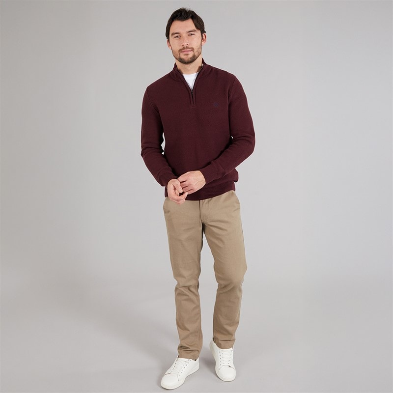 Mens Mesh Knit 1/2 Zip Waffle Jumper Burgundy - Image 4