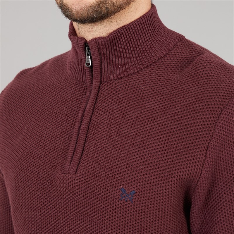 Mens Mesh Knit 1/2 Zip Waffle Jumper Burgundy - Image 5