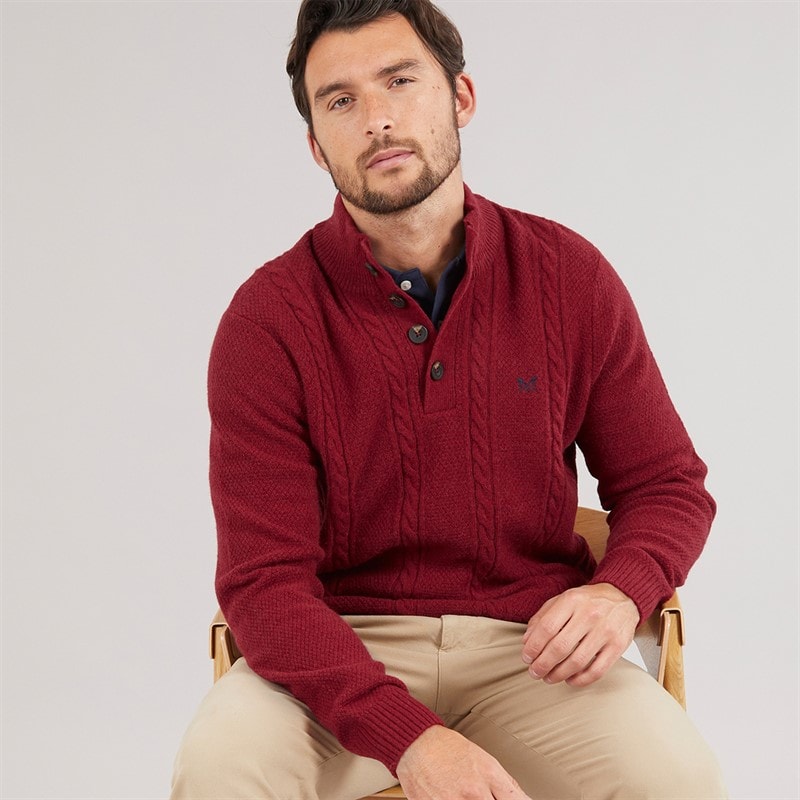 Crew Clothing Mens Lambswool Rich Button Neck Cable Knit Jumper Rhubarb