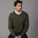 Mens V-Neck Cotton Jumper Heritage Olive