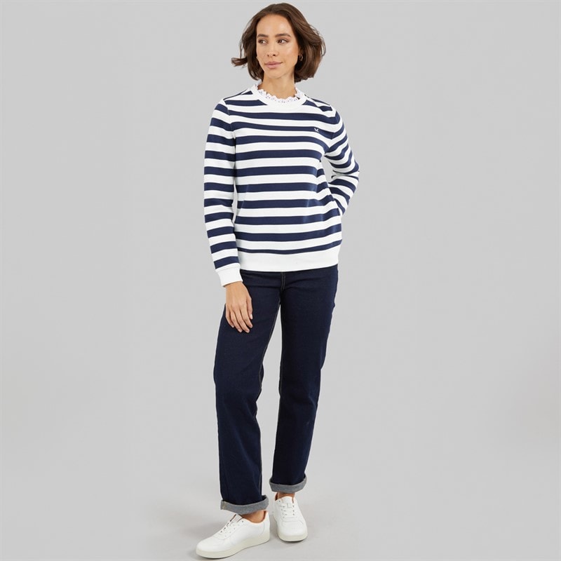 Womens Pie Crust Neck Striped Sweatshirt White Linen/Navy - Image 4