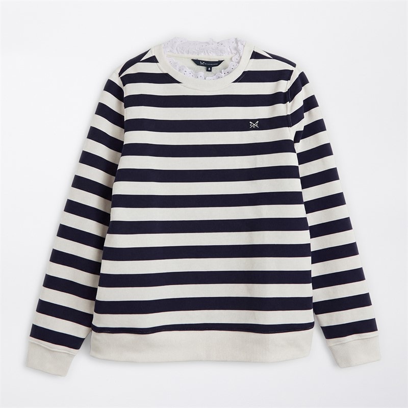 Womens Pie Crust Neck Striped Sweatshirt White Linen/Navy - Image 5