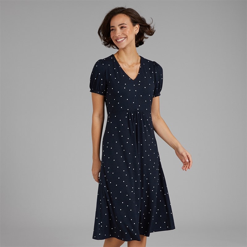 Crew Clothing Womens Melanie Short Sleeve Midi Dress Liza Spot Print Navy